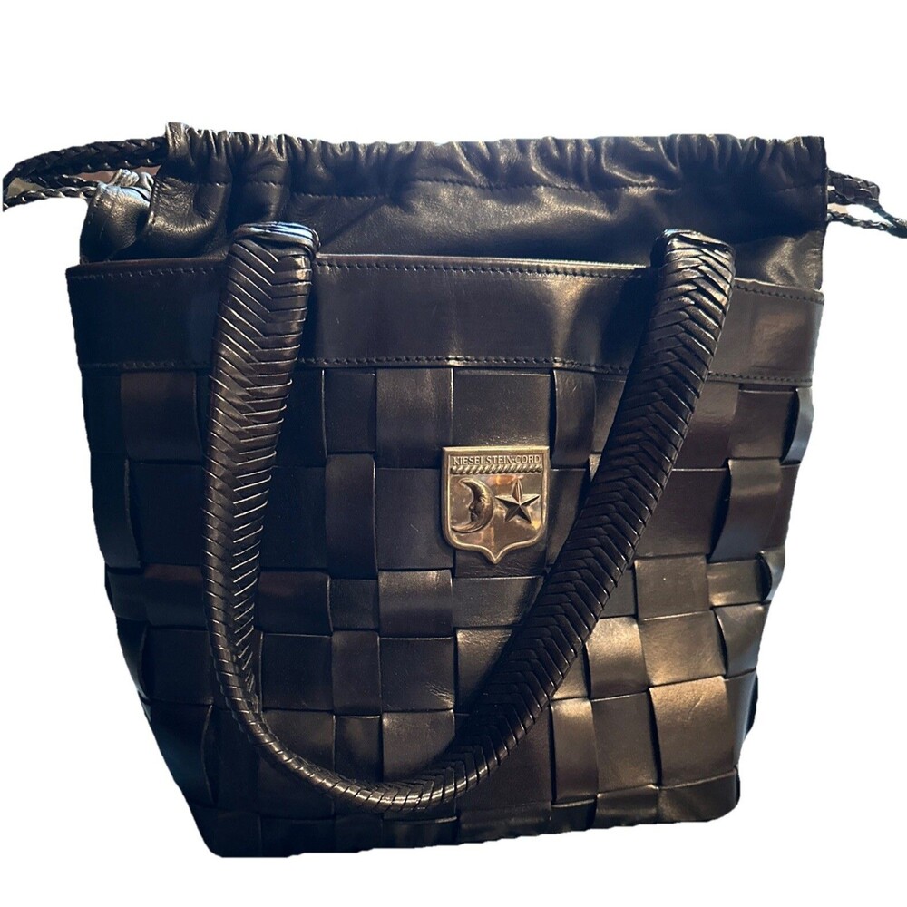 Barry Kieselstein Cord Black Woven Leather w/Plastic Liner Moon & Star Handbag